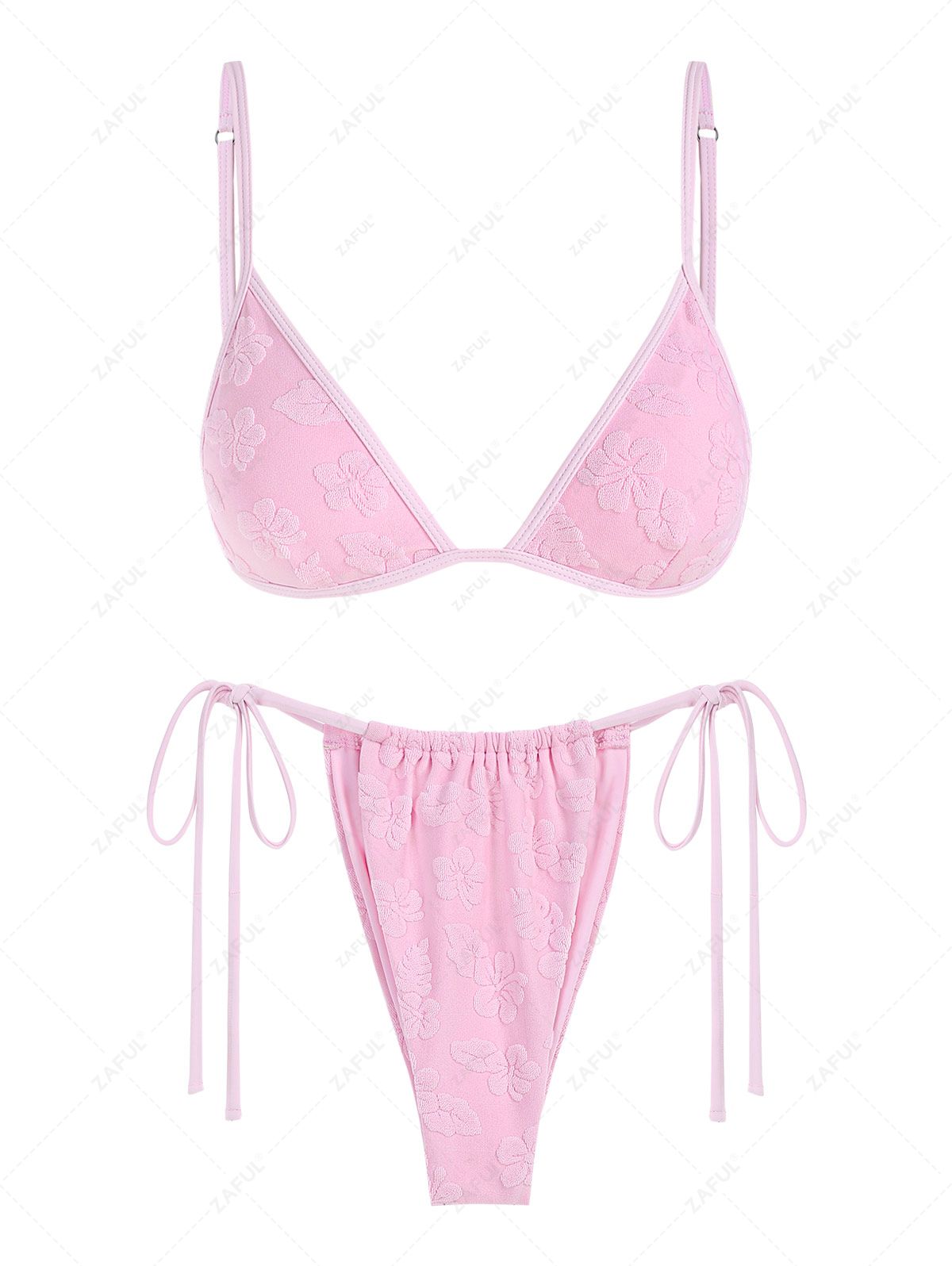 ZAFUL Women's Terry Cloth Floral Leaf Pattern Spaghetti Strap Triangle Binding Design Tie Side Loincloth Tanga String Bikini Set Matching Two Piece Swimwear