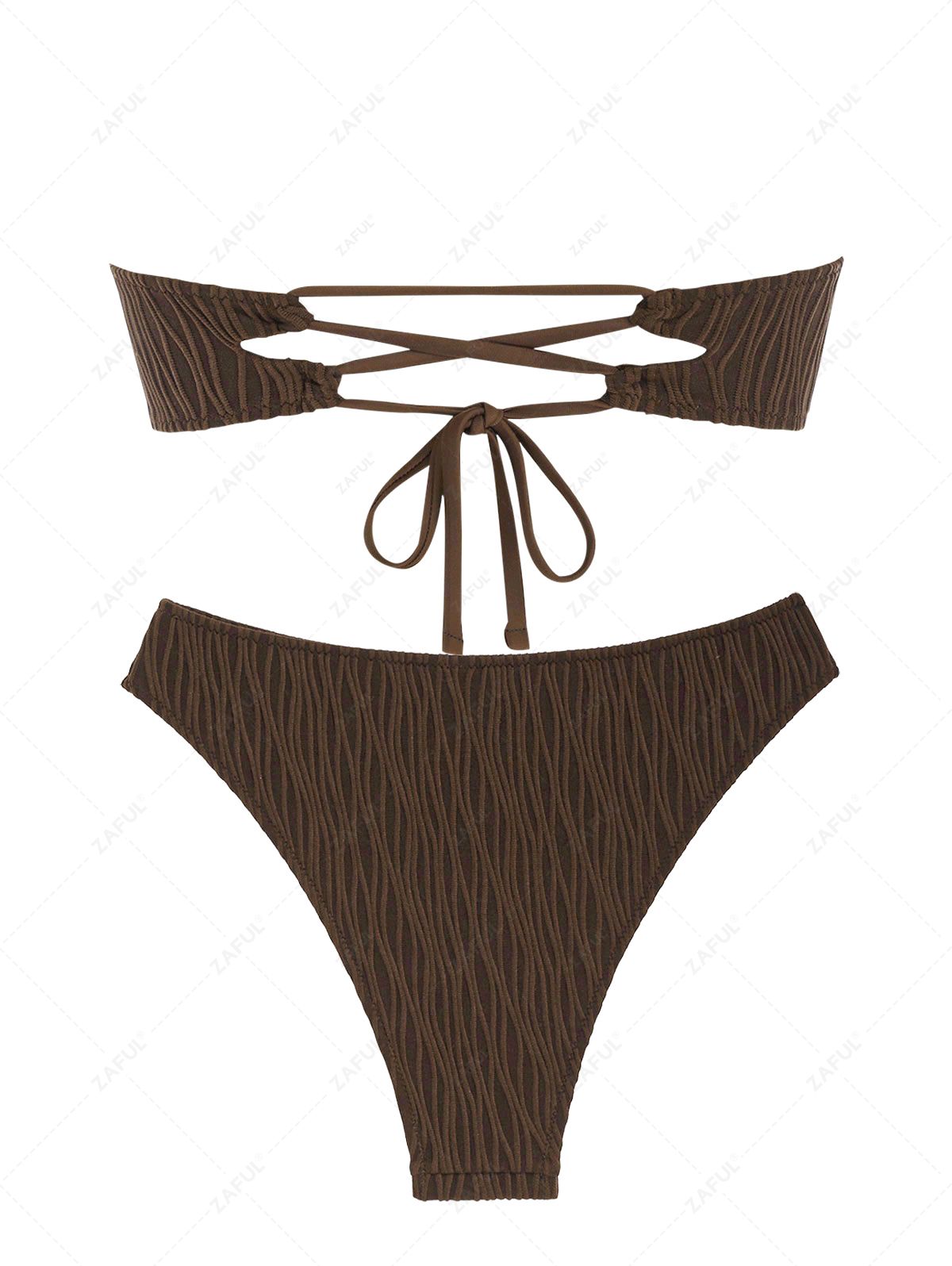 ZAFUL Women's Sexy Textured Lace Up Bandeau Strapless U Metal Hardware Natural Stone Decorated Cheeky Bikini Set Two Piece Swimwear
