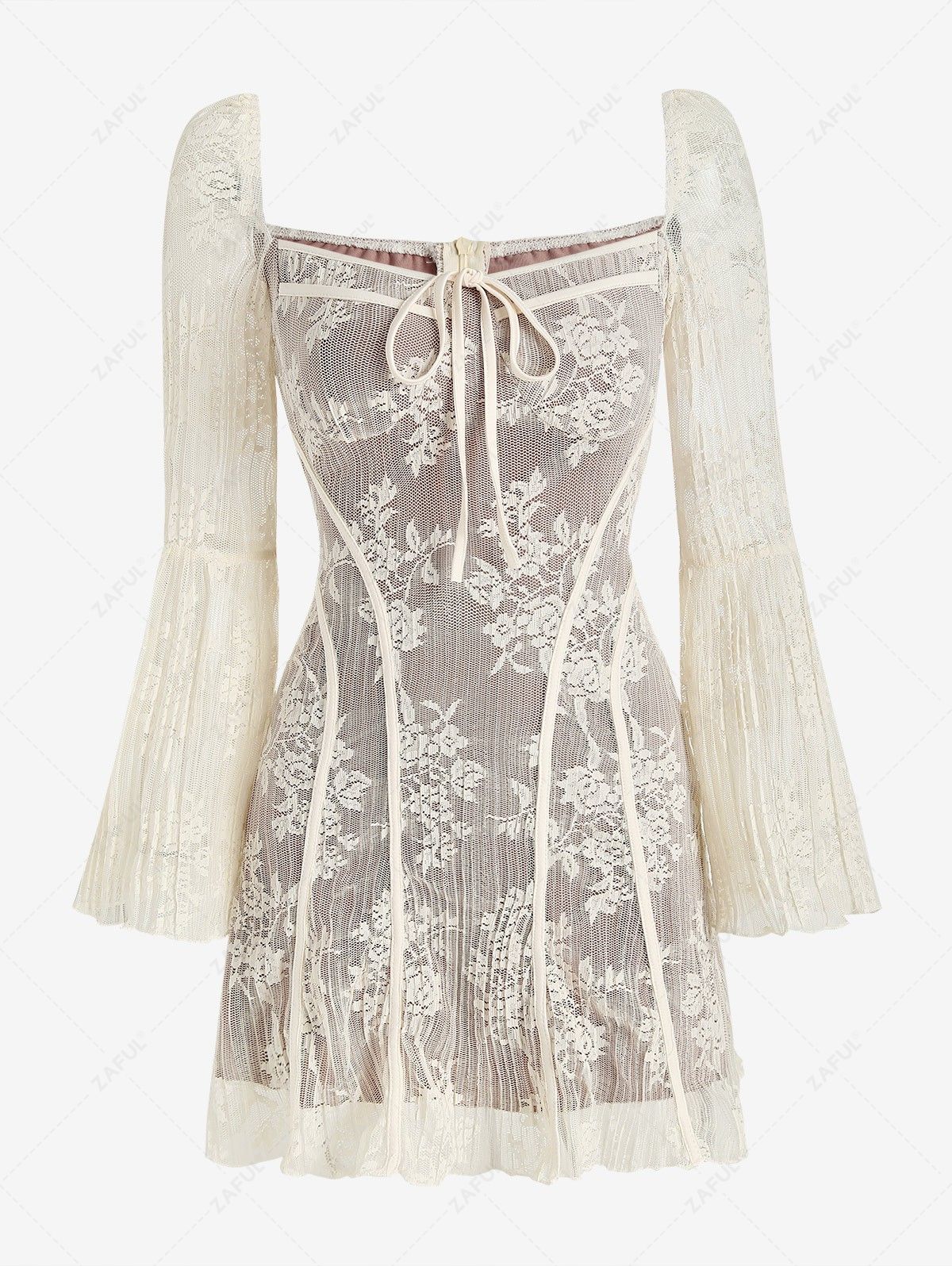 Mini Dresses  Zaful Women's Vintage Lace Tie Front Cupped Flare Long Sleeves Mini A Line Dress