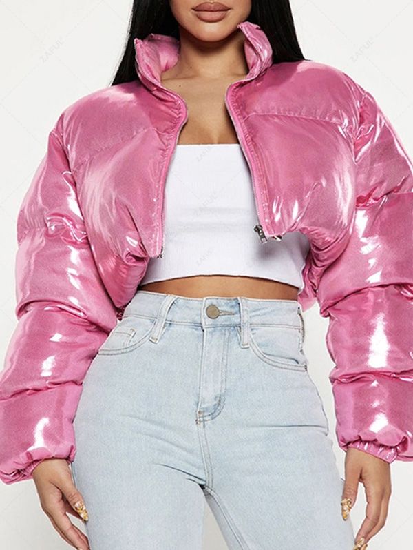 Women's Iridescent Shine Color Zip Up Padded Quilted Puffer Crop Jacket
