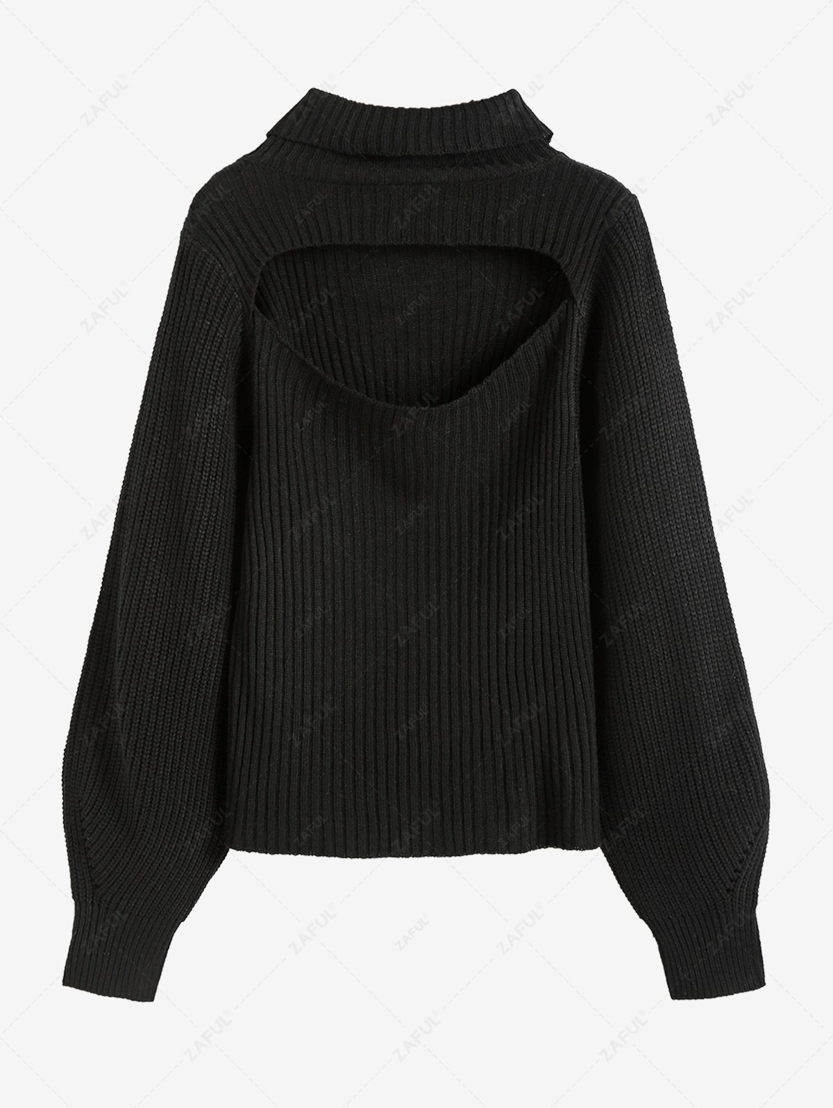  Zaful Women's Turtleneck Cut Out Lantern Sleeves Solid Color Chunky Pullover Sweater