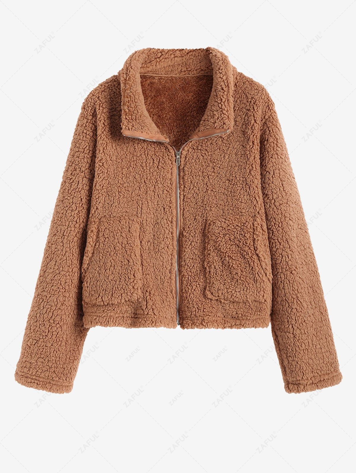 Women's Fluffy Fuzzy Faux Shearling Textured Sherpa Fleece Zip Up Pockets Teddy Coat