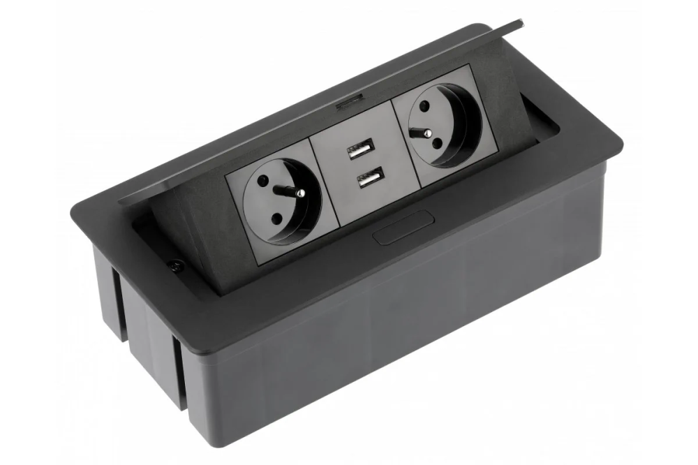 Блок розеток настольный SOFT 2 розетки AE-PBSUC2GU-20 (French) 2xUSB, черный, с проводом 1,5 метра