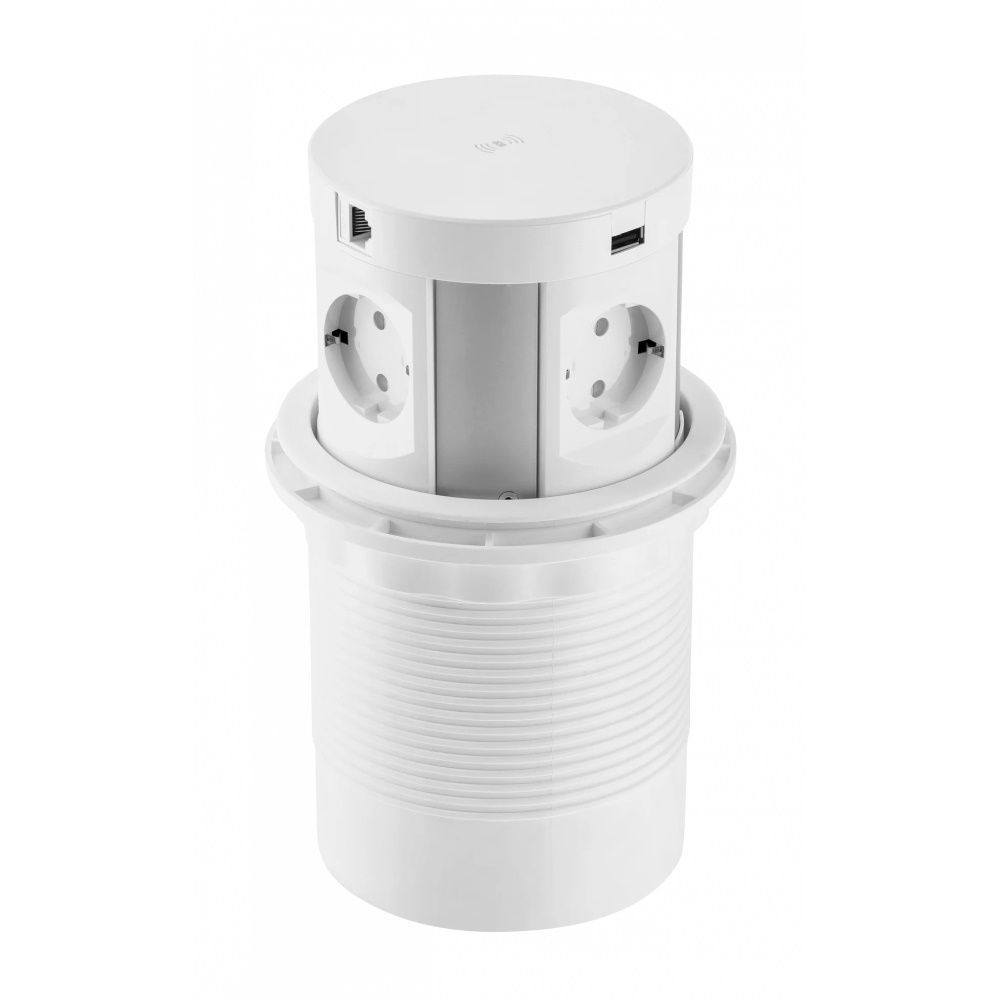 Блок розеток выдвижной COMFORT PLUS 4 розетки AE-BPW4S120P-10 (Schuko), 2xUSB, 2xRJ45, индукционная зарядка 5W, белый с проводом 1,5 метра