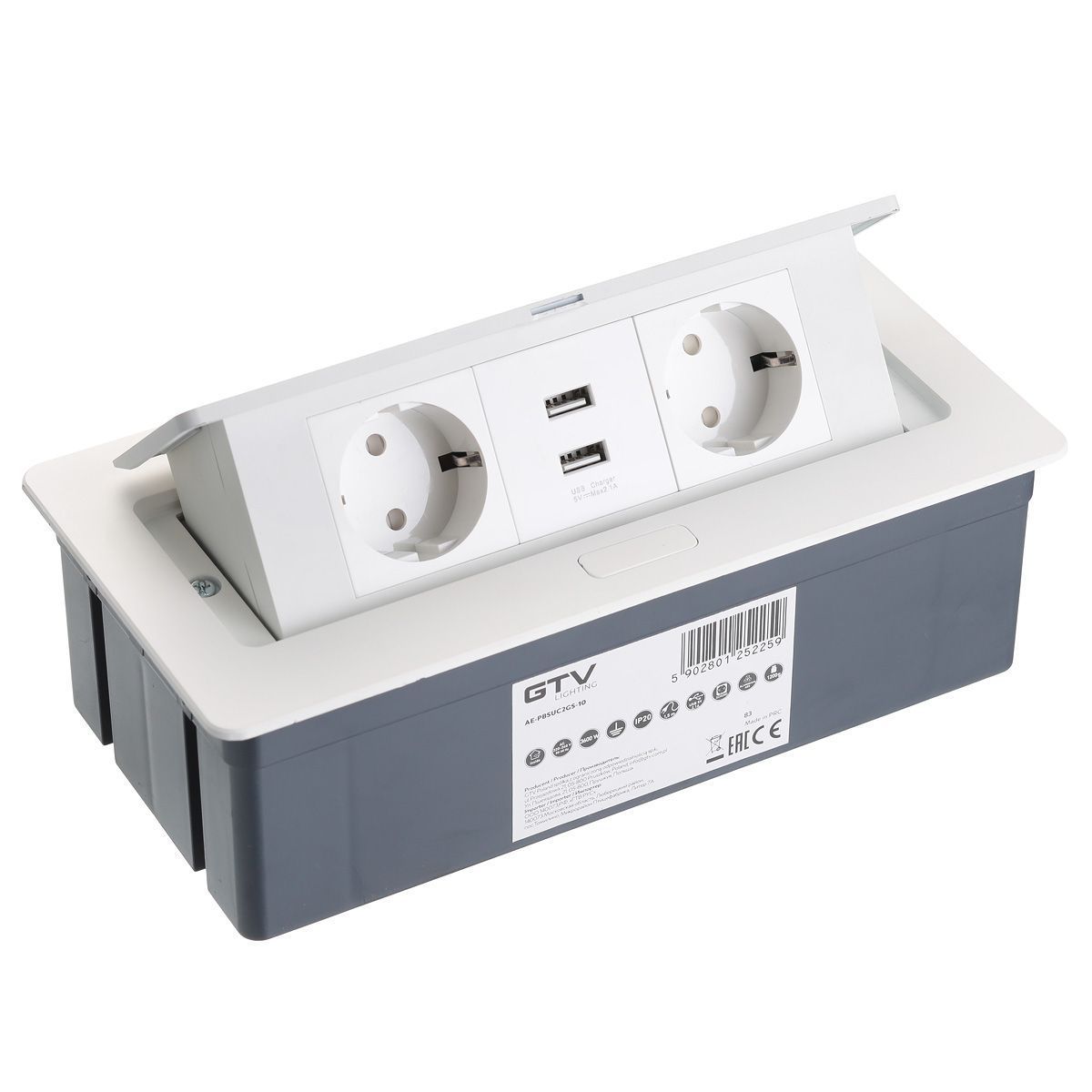 Блок розеток настольный SOFT 2 розетки AE-PBSUC2GS-10 (Schuko) 2xUSB, белый, с проводом 1,5 метра