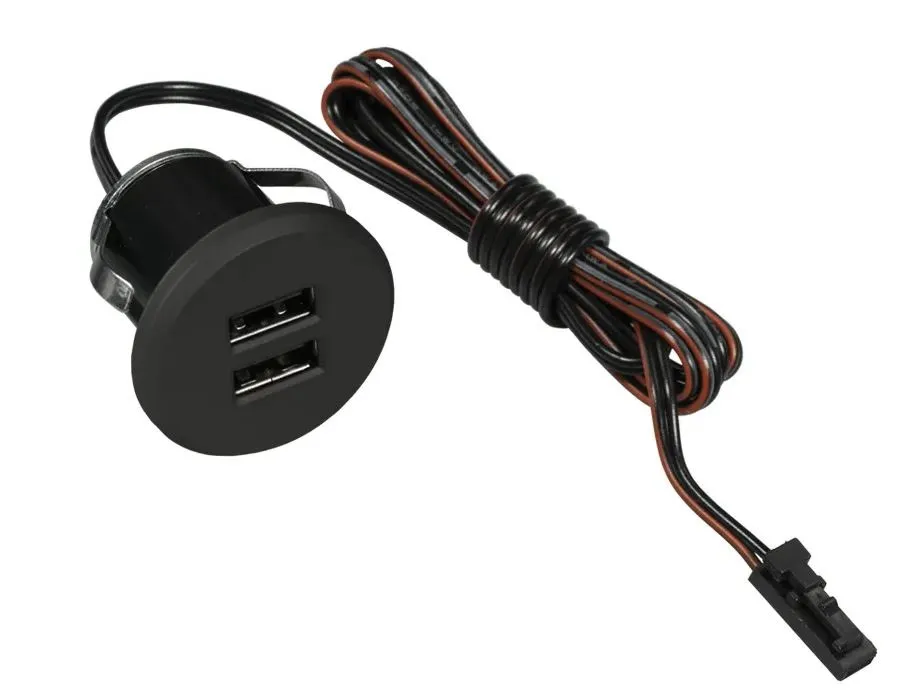 Аксессуары для USB  GTV Меридиан Зарядное USB устройство USB CHARGE-S 2xUSB черный,  для мебели, встраив., с пружинами, вых. 5VDC max. 1x2,1A/2x1,05A, вход 12VDC, 2,0A с проводом 2м 2x0.34мм² с конн. L813, без сет.адаптера