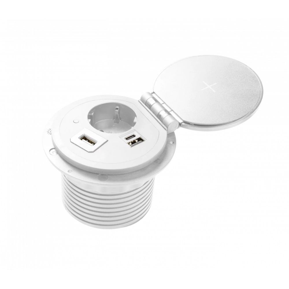 Розетка круглая врезная CHARGER PLUS AE-BPW1SACP-10 (Schuko), 2xUSB A+C, обмен USB-A, HDMI, RJ45, белый, с проводом 1,5 м