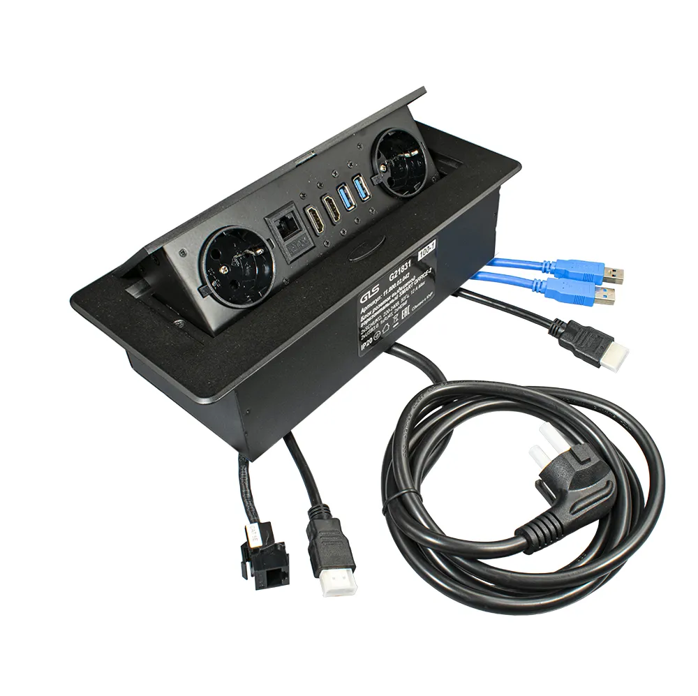 Блок розеток прямоугольный выдвижной 2 розетки(Schuko), 2xSCHUKO+2 USB+1 RJ45+2 HDMI, 1,8м,черный