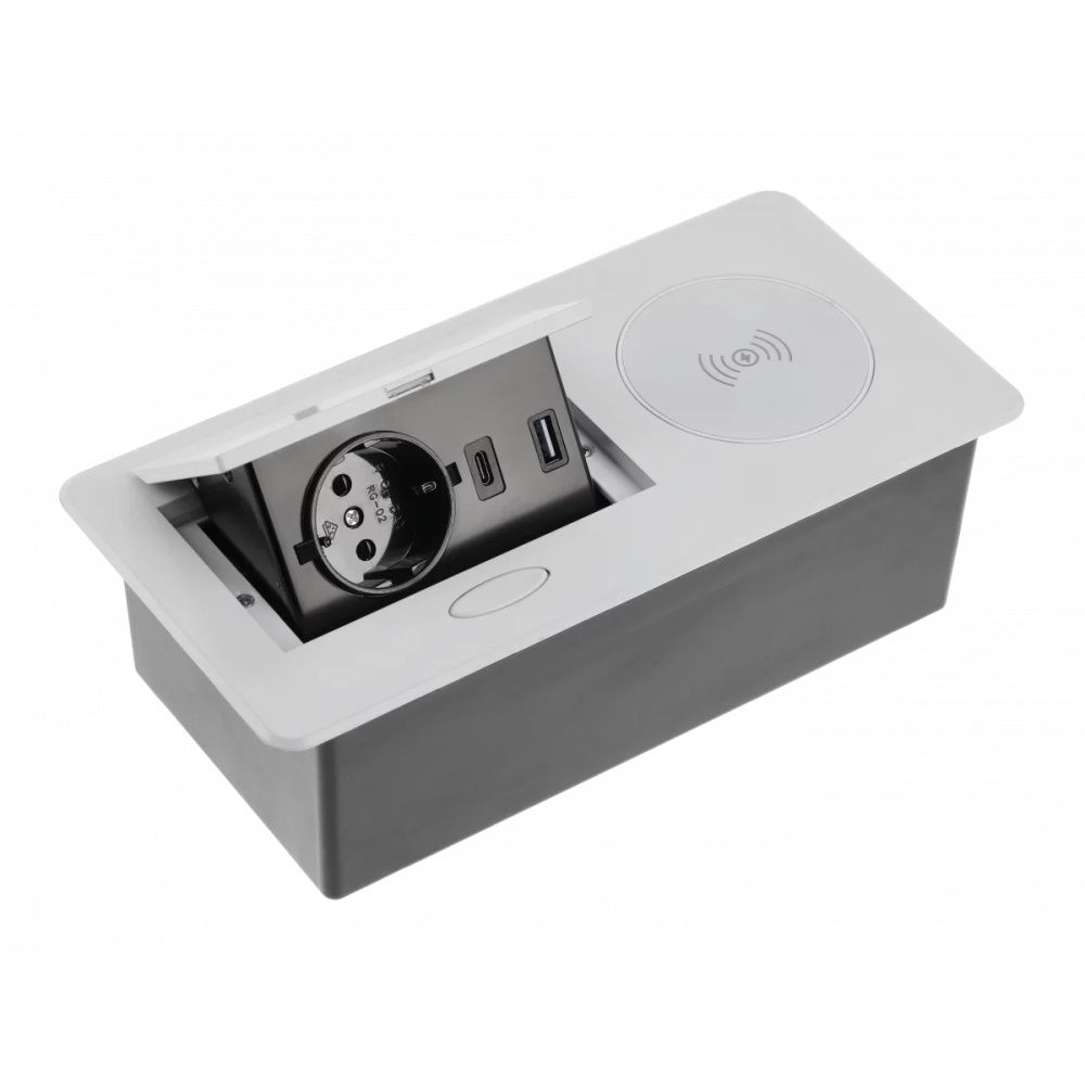 Розетка врезная AVARO PLUS AE-PB1SAVAP-53 (Schuko), 2xUSB A+C, индукционная зарядка 5W, серый, с проводом 1,5 метра