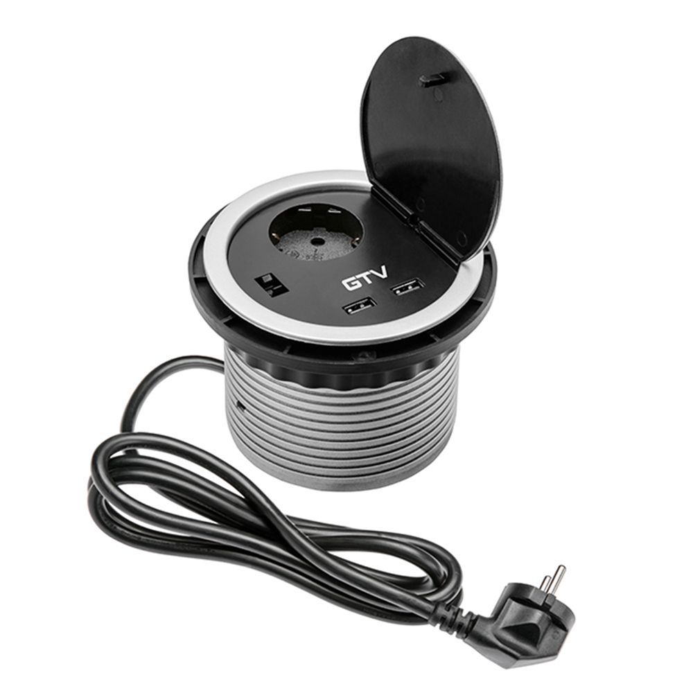 Розетка круглая врезная CHARGER AE-BPW1S2UCH-80 (Schuko), 2xUSB, 5V, 2A, провод 1,5м, серый