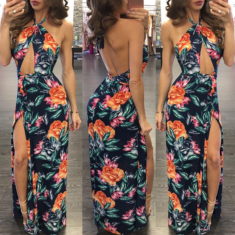 Floral Dresses Sexy Halter Cut Out Open Back Split Maxi Dress