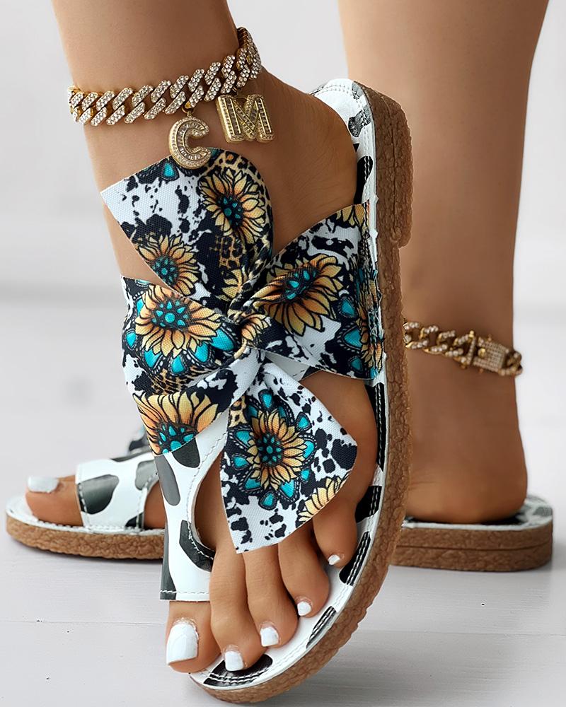 Sunflower Cow Print Tied Detail Toe Ring Slippers