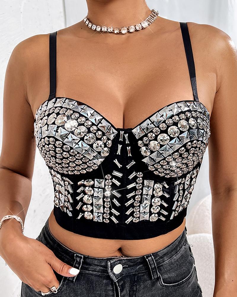 Tanks & Crop Tops  ChicMe Geometric Sequin Removable Strap Crop Corset Top