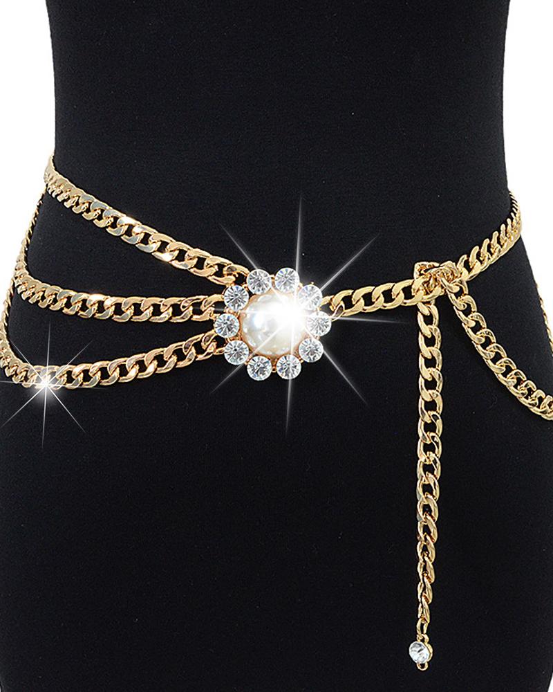Body Chain 1pc Rhinestone Pearls Decor Layered Waist Chain