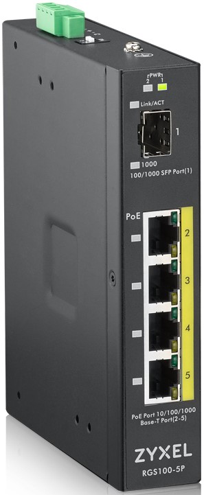 Коммутатор неуправляемый ZYXEL RGS100-5P-ZZ0101F промышленный, PoE+, 4xGE PoE+, 1xSFP, крепление на стену/DIN-рейку, IP30, два источника питания DC, б