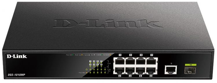 Коммутатор PoE D-link DGS-1010MP/A1A 9x10/100/1000Base-T (8 портов с поддержкой PoE), 1x1000Base-X SFP, функцией энергосбережения и поддержкой QoS