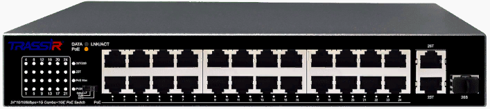 Коммутатор неуправляемый TRASSIR TR-NS1126-225-24PoE с 24 PoE портами (24*10/100 Mbps PoE Ports, 1Combo * 10/100/1000, 1* 10/100/1000 RJ45)