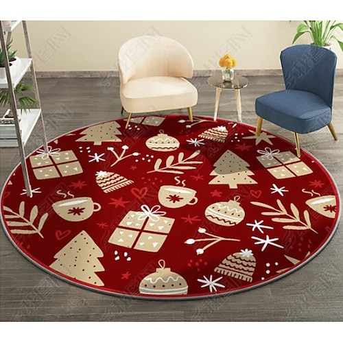 Christmas Round Area Rug  Washable Living Room Red Round Rug,Winter Soft Low Pile Bedroom Non-Slip Circular Mat,Moroccan Holiday Xmas Decor Floor Carpet for Bathroom Kitchen Dorm