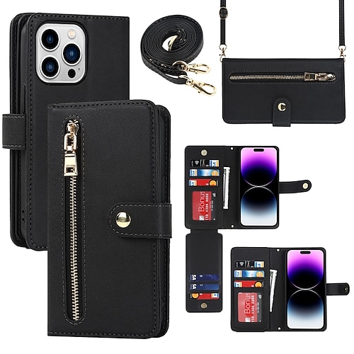 iPhone Cases Phone Case For iPhone 15 Pro Max Plus iPhone 14 13 12 11 Pro Max Mini SE X XR XS Max 8 7 Plus Wallet Case Zipper with Lanyard Kickstand Solid Color TPU PU Leather