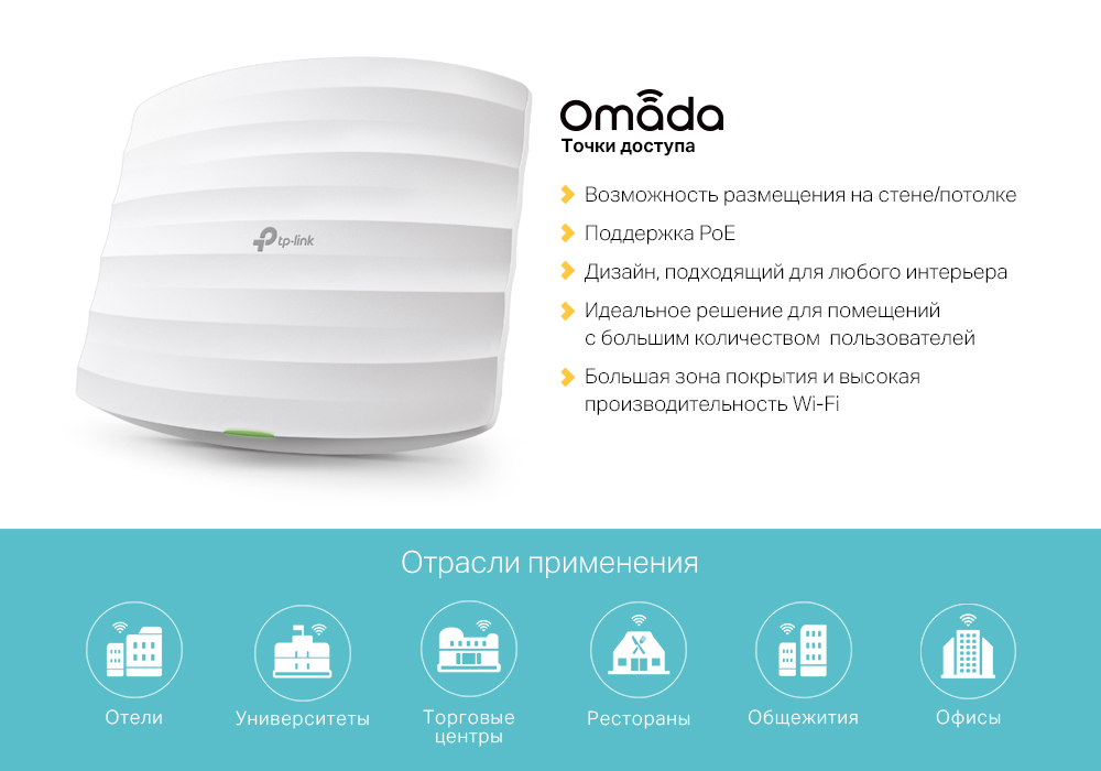 Точка доступа TP-LINK EAP225, LAN: 1x1 Гбит/с, 802.11a/b/g/n/ac, 2.4 / 5 ГГц, до 867 Мбит/с, внутренних антенн: 4x4dBi, PoE