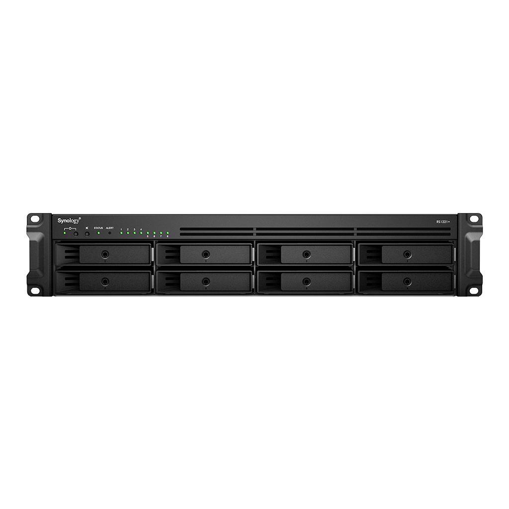 Сетевой накопитель (NAS) Synology RS1221+, слоты 8x2.5/3.5 SATA3, RAID 0/1/5/6/10/JBOD/SHR, 4x1 Гбит/с, 2xUSB 3.0, AMD Ryzen V1500B/4x2.2GHz, DDR4 SODIMM 4Gb, 250W, 2U, (RS1221+)