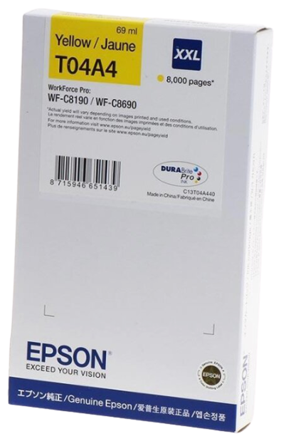 Картридж струйный Epson T04A4 (C13T04A440), желтый, оригинальный, объем 69 мл, ресурс 8000 страниц для Epson WorkForce Pro WF-C8190DW/C8690DWF