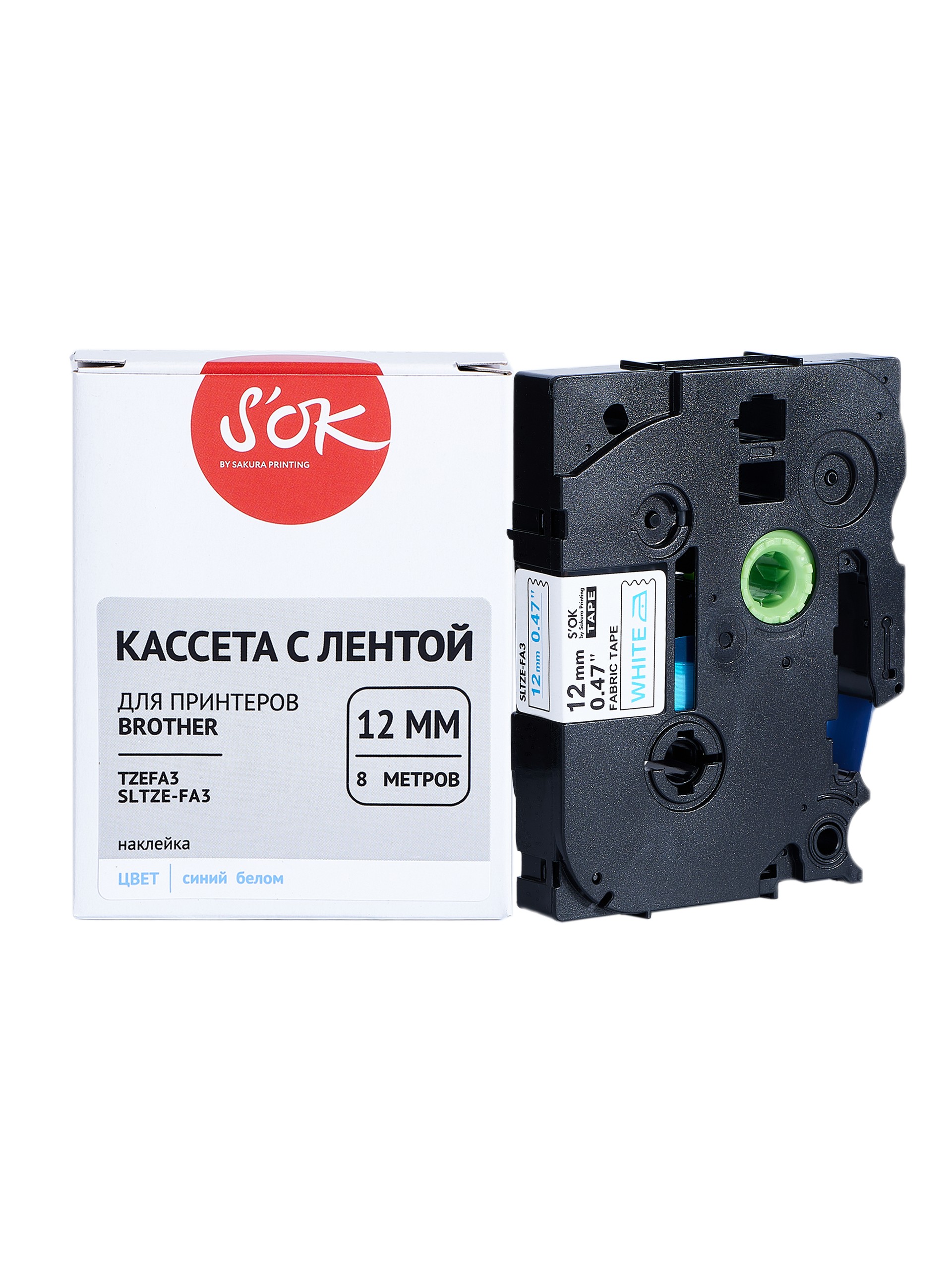 Кассета с лентой SAKURA TZEFA3, 1.2 см x 8 м, синий на белом, совместимая (SLTZEFA3)