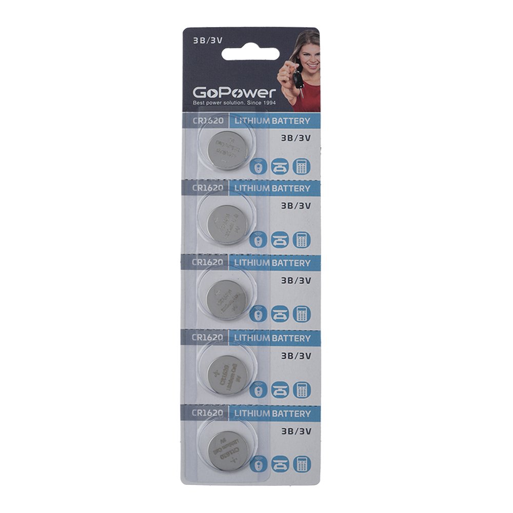 Батарея GoPower CR1620, 3V, 5шт. (00-00023146)