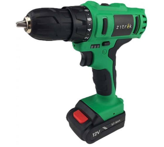 Дрель-шуруповерт Zitrek Greenpower 12-Li, аккумуляторный, 32 нм, 1400 об/мин, 12V, 1.5 А·ч, Li-Ion, два акб, быстрозажимной патрон, кейс, 1.3 кг (063-4074)