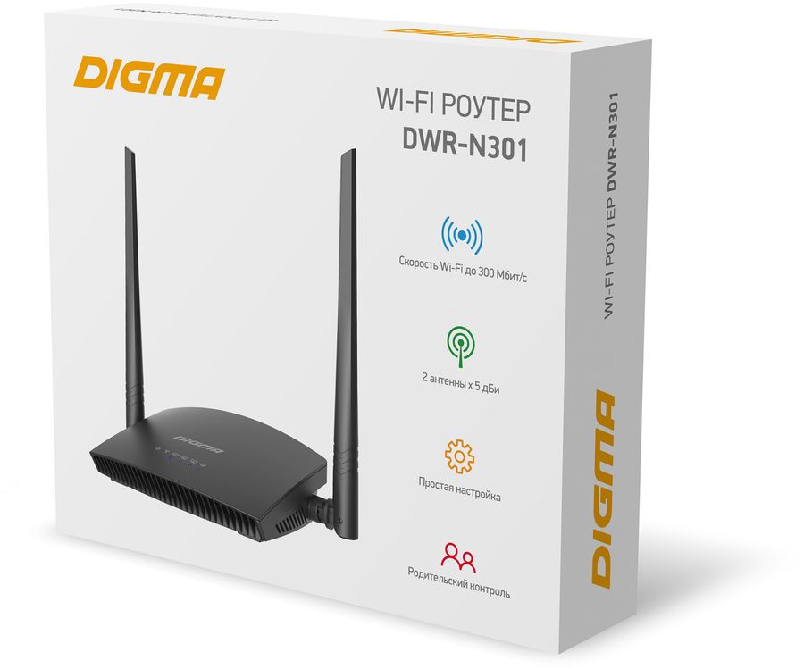   E2E4 Wi-Fi роутер Digma DWR-N301, 802.11a/b/g/n, 2.4 ГГц, до 300 Мбит/с, LAN 3x100 Мбит/с, WAN 1x100 Мбит/с, внешних антенн: 2x5 дБи (1787694)