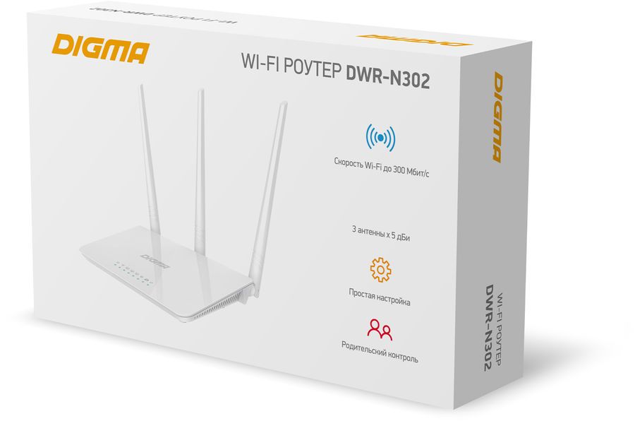   E2E4 Wi-Fi роутер Digma DWR-N302, 802.11a/b/g/n, 2.4 ГГц, до 300 Мбит/с, LAN 3x100 Мбит/с, WAN 1x100 Мбит/с, внешних антенн: 3x5 дБи (1787683)