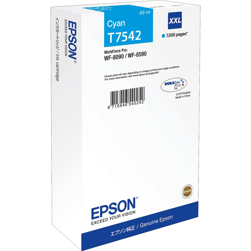 Картридж струйный Epson T7542 (C13T754240), голубой, оригинальный, ресурс 7000 страниц для Epson WorkForce Pro WF-8090DW