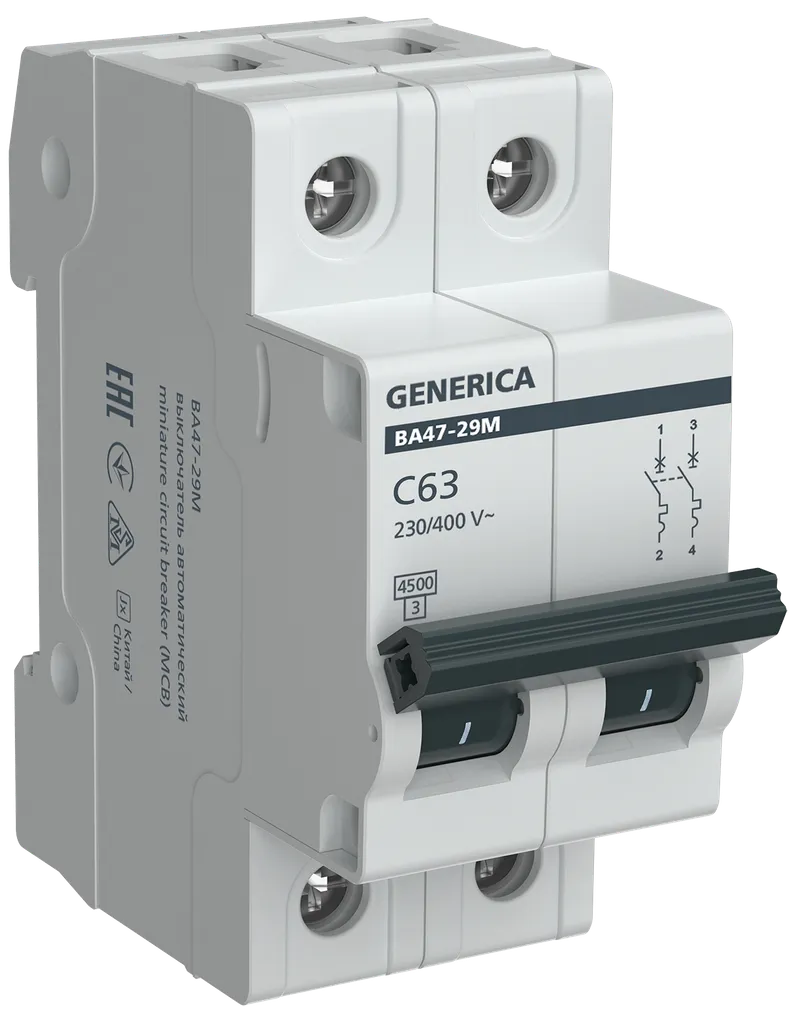 Выключатель автоматический GENERICA ВА47-29М двухполюсный (2P/2П) 63А C 4.5кА (MVA21-2-063-C-G)
