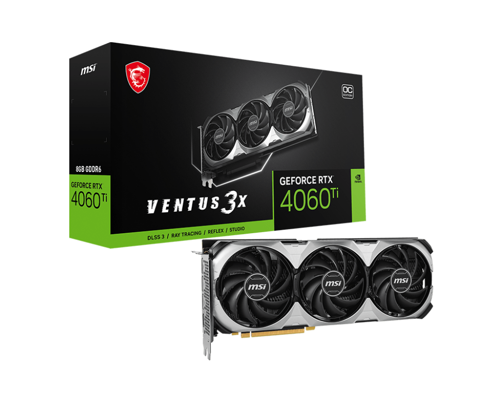 Видеокарта MSI NVIDIA GeForce RTX 4060Ti VENTUS 3X, 8Gb DDR6, 128 бит, PCI-E, HDMI, 3DP, Retail (4060 TI VENTUS 3X E 8G OC)