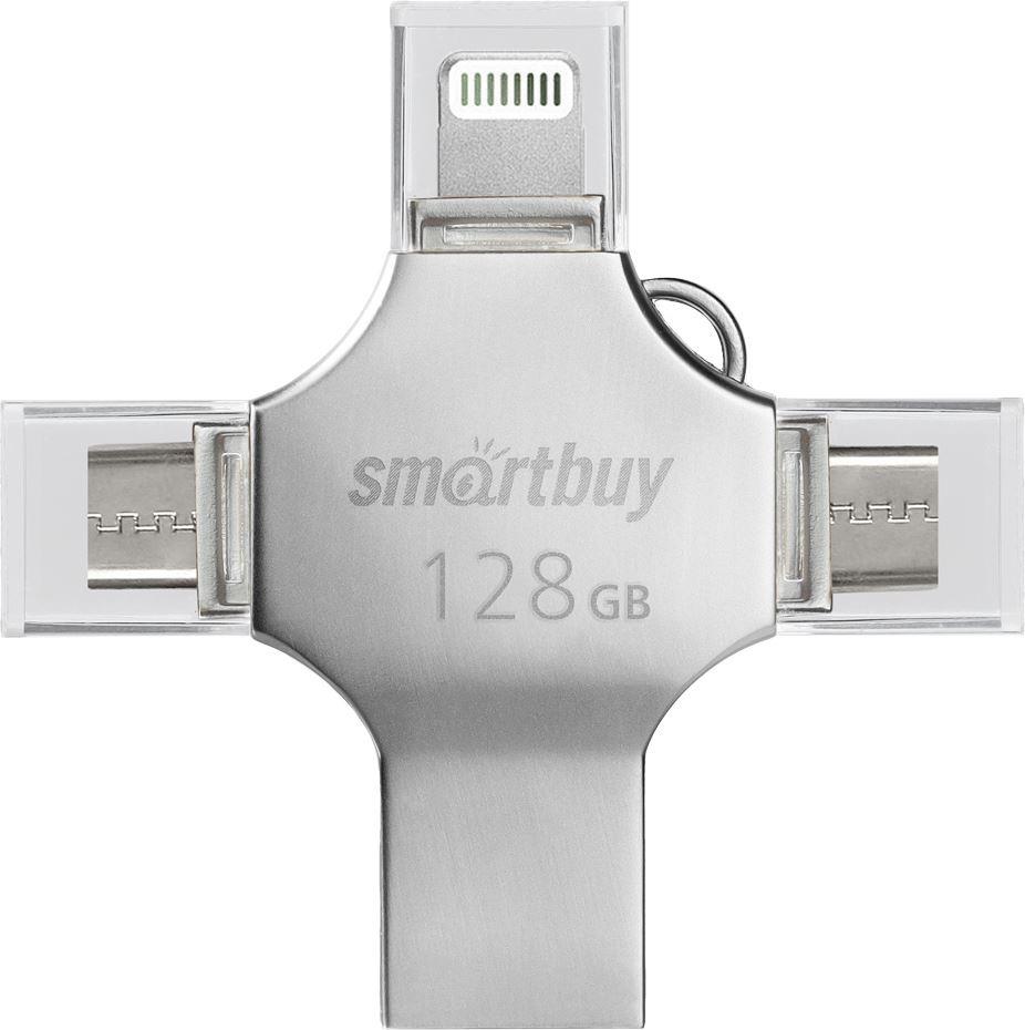 Флешка 128Gb USB 3.0/Lightning/USB Type-C/micro USB SmartBuy MC15 Metal Quad 4-in-1, серебро (SB128GBMC15)