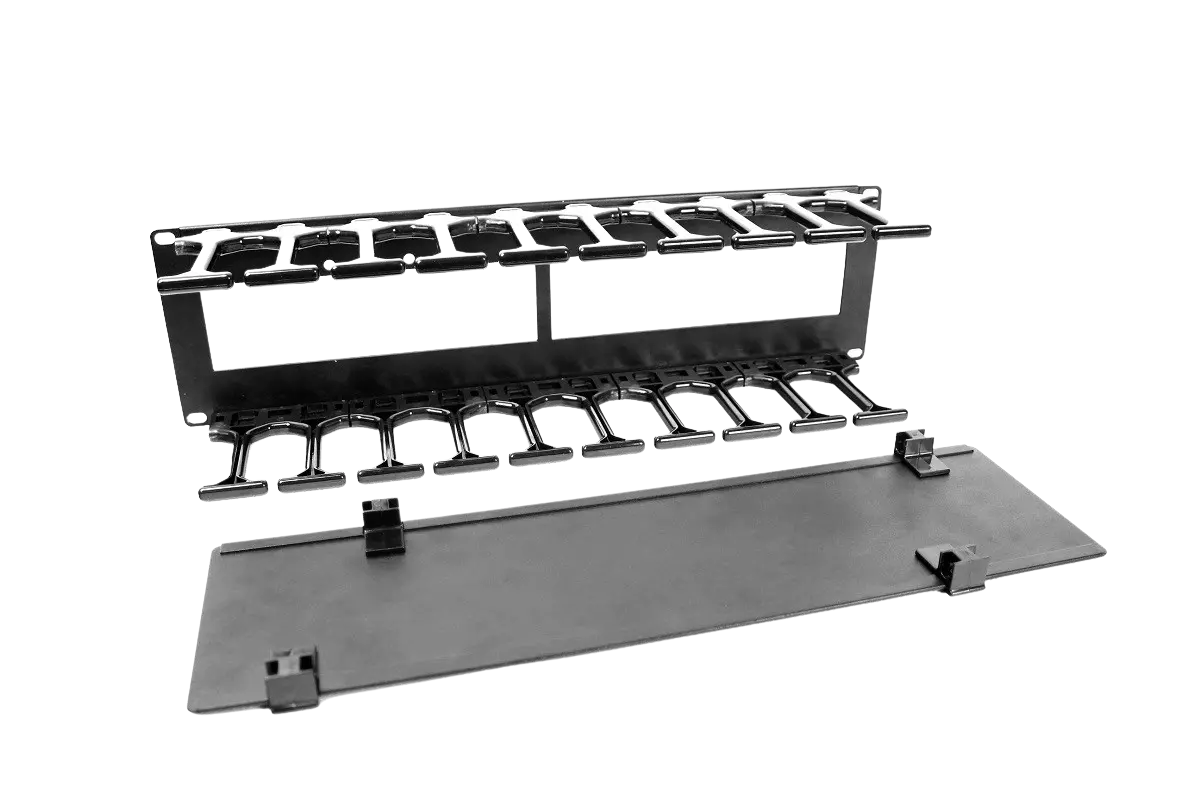 Органайзер кабельный ЦМО ГКО-П-2-9005, горизонтальный, 19, 2U, с крышкой, пластик/металл, с пластиковыми пальцами черный (ГКО-П-2-9005)
