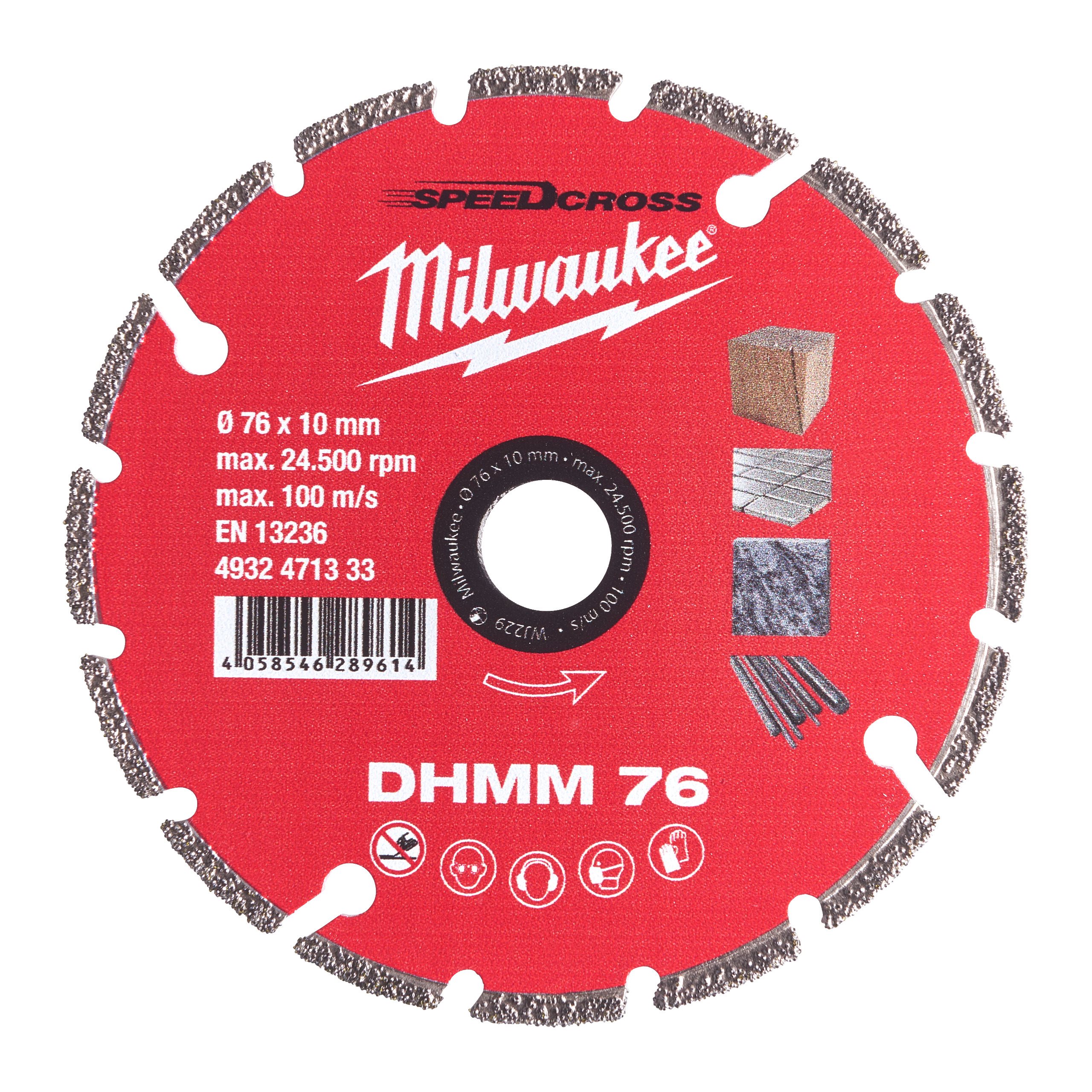 Диск отрезной алмазный Milwaukee Speedcross DHMM ⌀76 мм x 10 мм, прямой, ПВХ, плитка, твердый натуральный камень, композитные материалы, гипсокартон, тонкое дерево, резьбовые шпильки, листовой металл, 1 шт. (4932471333)