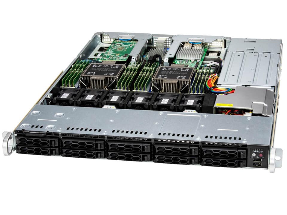 Сервер Supermicro SuperServer 121C-TN10R., 2xIntel Xeon Gold 6430 (up2), 4x128Gb RAM, 1x960Gb SATA SSD, 10x2.5 HS, AOC-S3916L-H16iR, noDVD, 2x10GLAN, IPMI, 2x860 Вт (up2), 1U (SYS-121C-TN10R.)