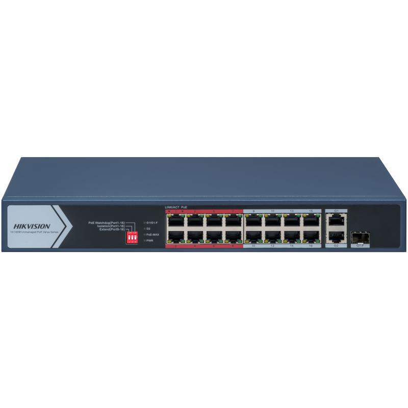 Коммутатор Hikvision Pro DS-3E0318P-E/M (C), кол-во портов: 16x100 Мбит/с combo RJ-45/SFP 1x1 Гбит/с, кол-во SFP/uplink: RJ-45 1x1 Гбит/с, PoE: 16x30 Вт (макс. 130 Вт) (DS-3E0318P-E/M (C))