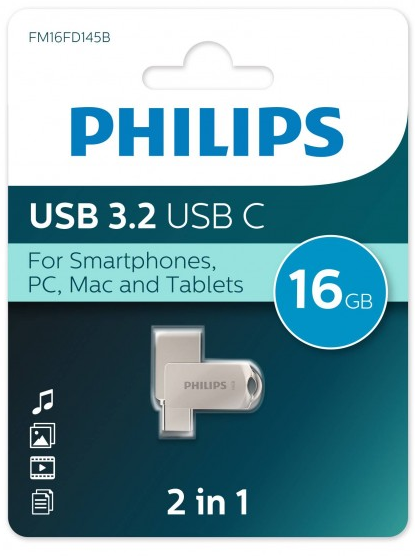 Флешка 16Gb USB 3.2/Type-C PHILIPS 2-in-1, серый (FM16FD145B/97)