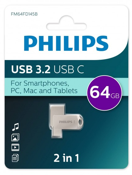 Флешка 64Gb USB 3.2/Type-C PHILIPS 2-in-1, серый (FM64FD145B/97)