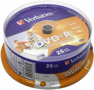 Диск Verbatim DVD-R, 4.7Gb, 16x, Cake Box, 25 шт, Printable