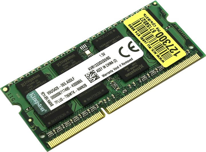 Память DDR3 SODIMM 8Gb, 1333MHz, CL9, 1.5 В, Kingston, ValueRAM (KVR1333D3S9/8G)