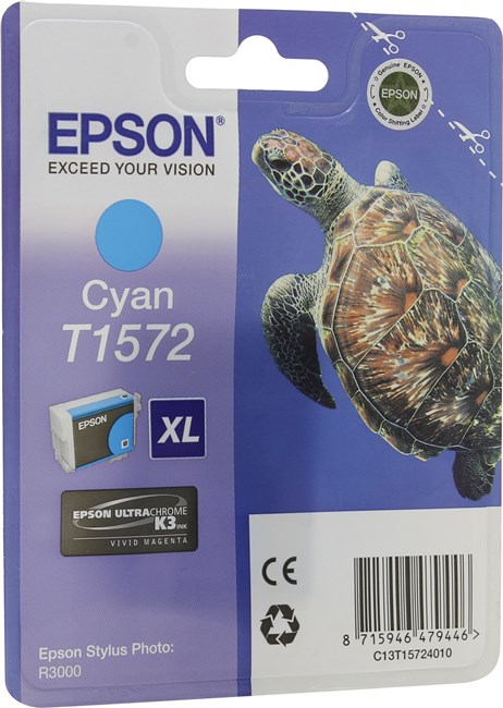 Картридж струйный Epson T1572 (C13T15724010), голубой, оригинальный, ресурс 2300 страниц для Epson Epson Stylus Photo R3000