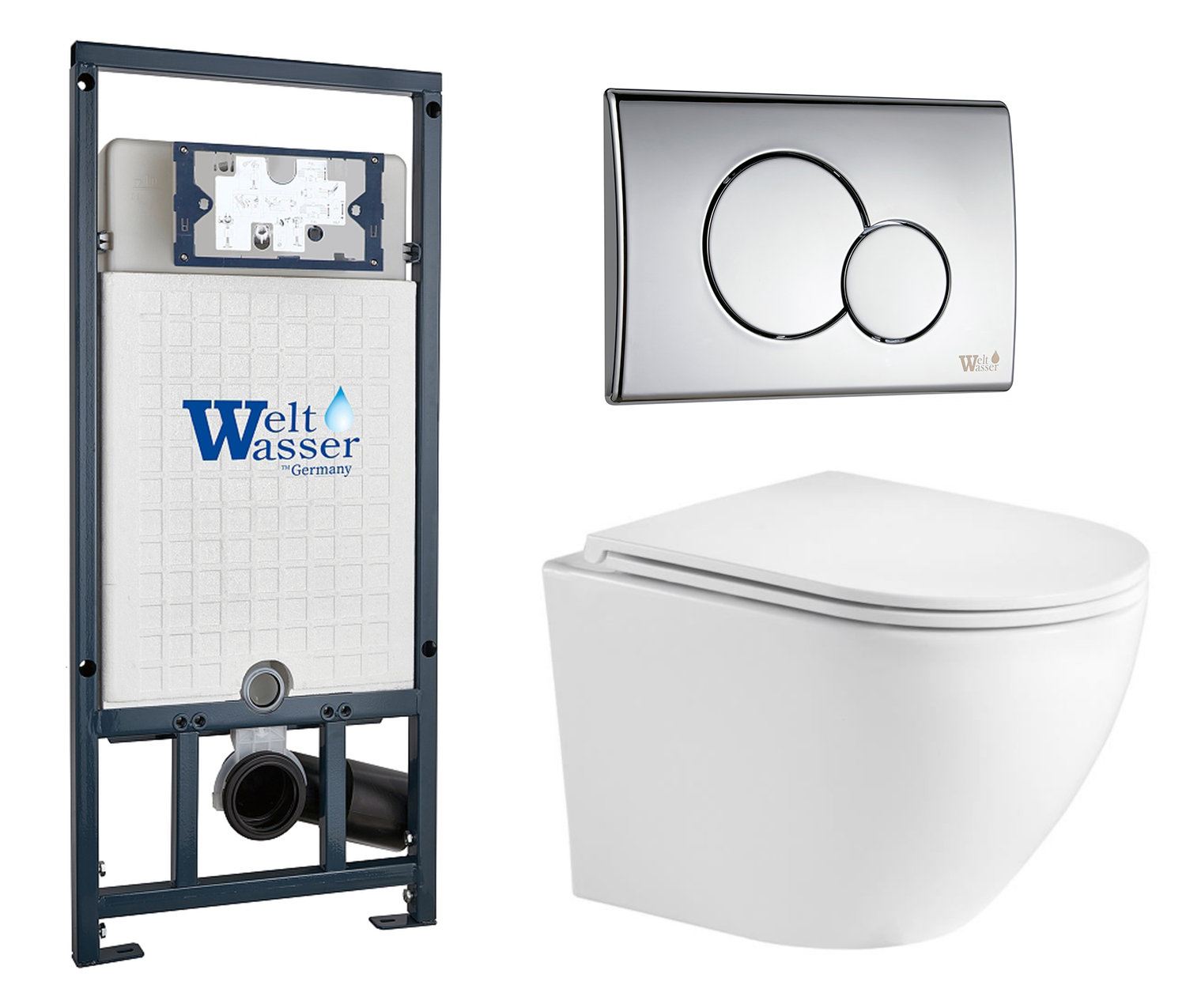 Комплект 3 в 1 инсталляция WeltWasser WW Marberg 507 + Подвесной унитаз WeltWasser Merzbach 043 GL-WT с кнопкой хром RD 10000005949 + 10000008254 + 10000005952