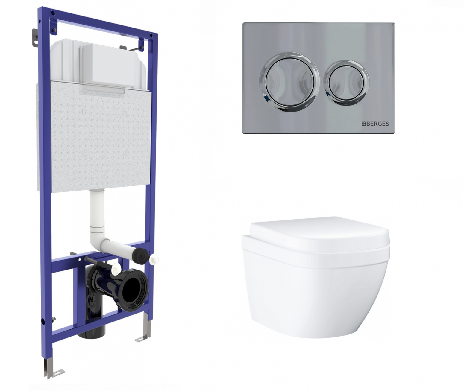 Комплект 3 в 1 инсталляция Berges Novum O3 + Унитаз подвесной Grohe Euro Ceramic 39206000 с кнопкой глянцевой хром