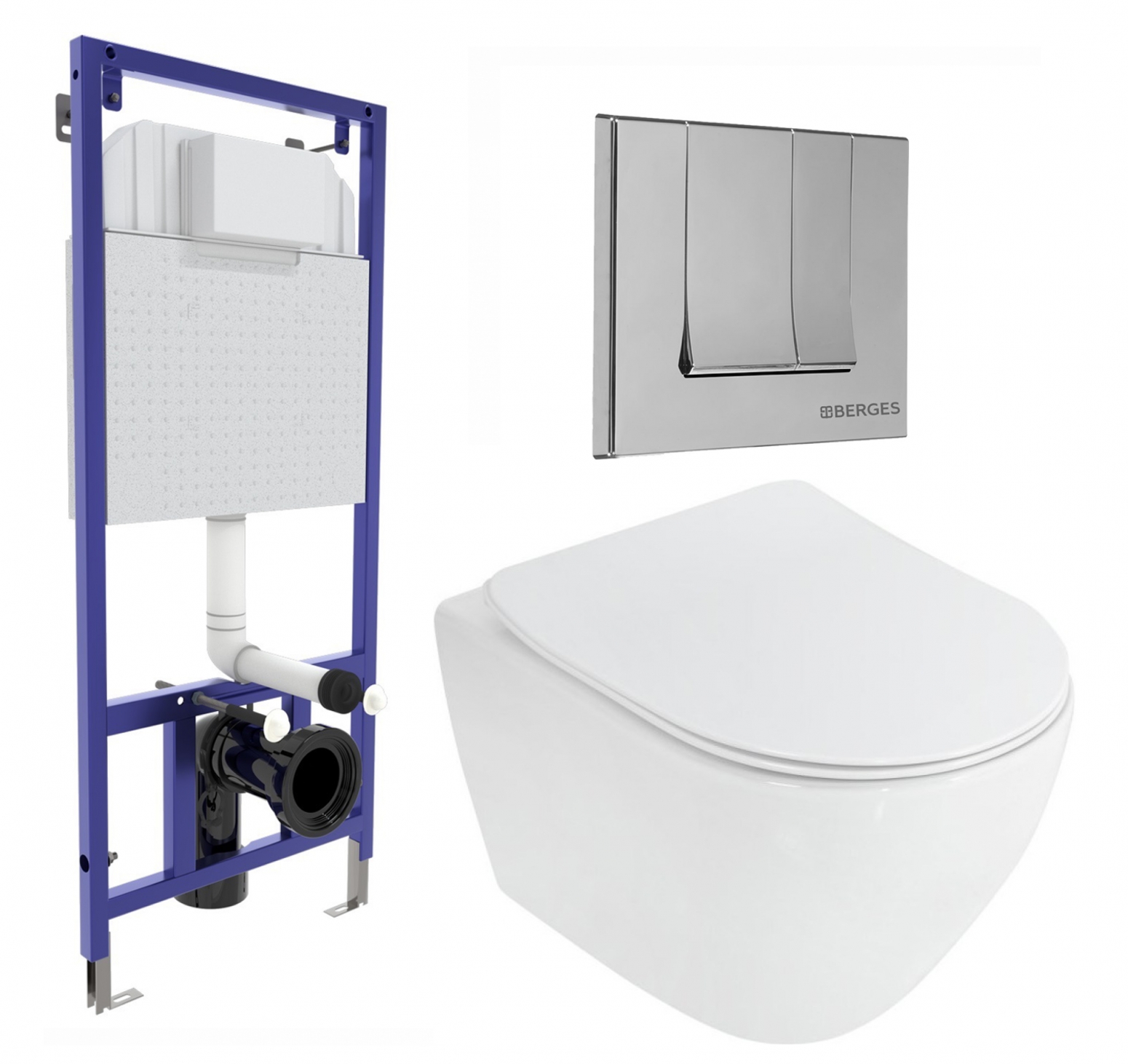 Комплект 3 в 1 инсталляция Berges Wasserhaus Novum 040243 + Унитаз подвесной Cezares Stylus CZR-513-TH-R + кнопка хром
