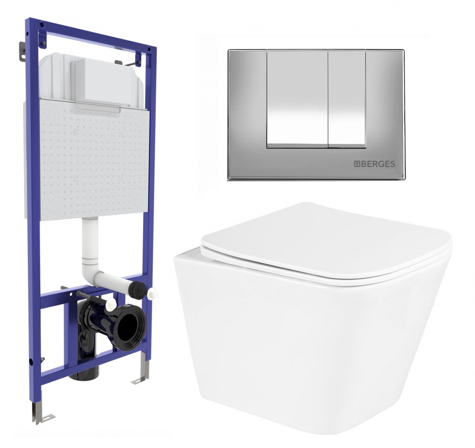 Комплект 3 в 1 инсталляция Berges Wasserhaus Novum 040242 + Унитаз подвесной BelBagno Due BB3103CHR/SC + кнопка хром матовая