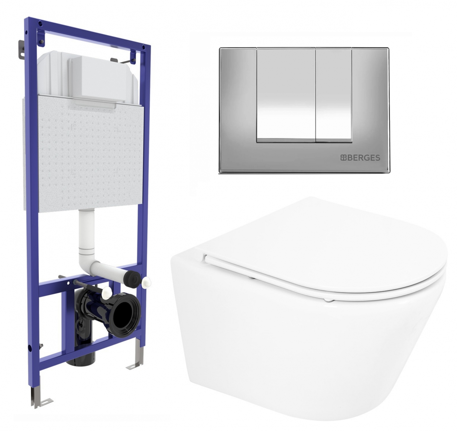 Комплект 3 в 1 инсталляция Berges Wasserhaus Novum 040242 + Унитаз подвесной BelBagno Tre BB8001CHR/SC + кнопка хром матовая