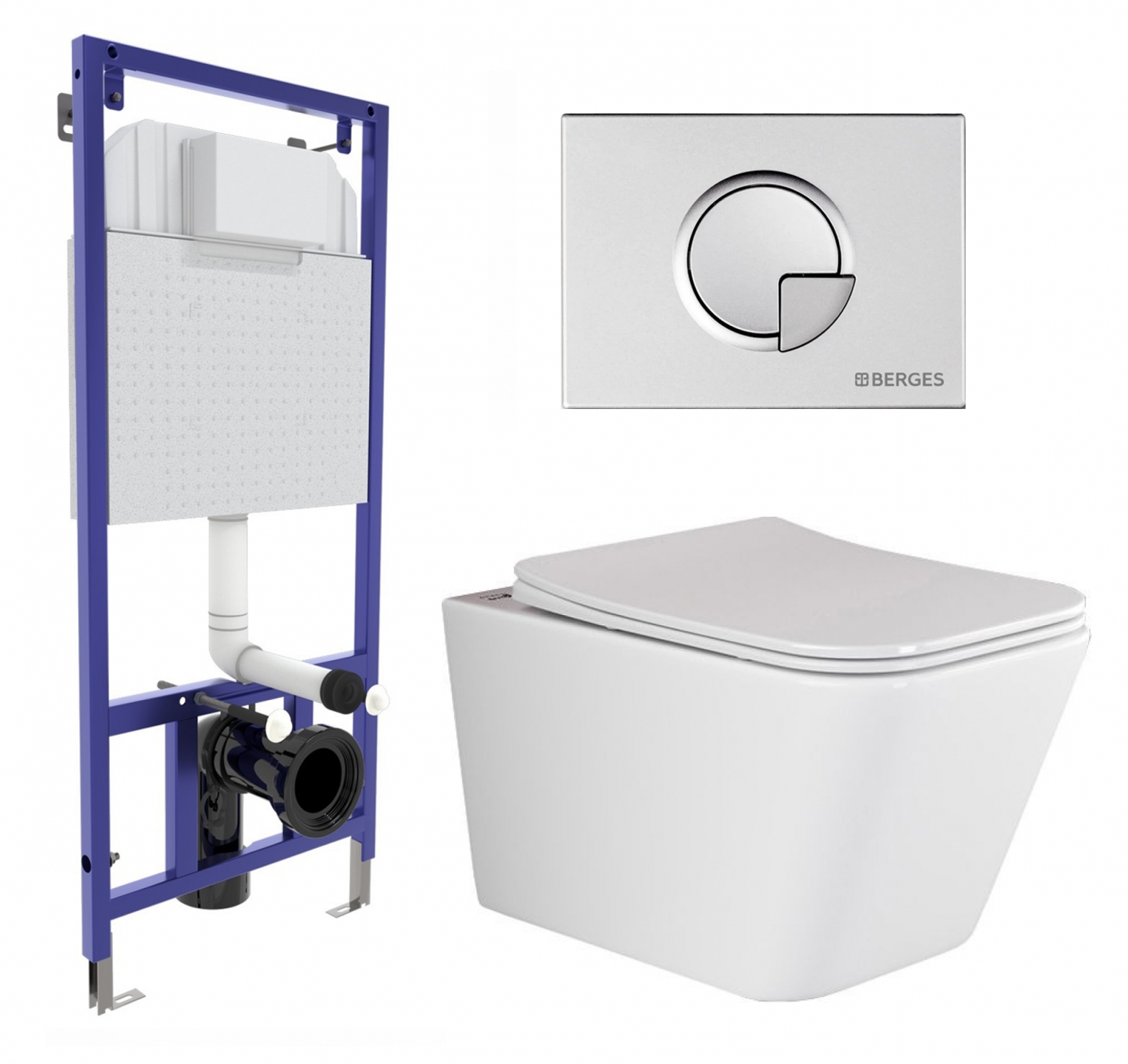 Комплект 3 в 1 инсталляция Berges Wasserhaus Novum 040222 + Унитаз подвесной Ceramica Nova Metric Rimless CN3007 + кнопка хром матовая